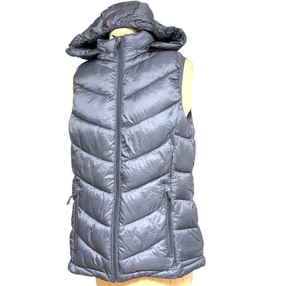 vest CHARTER CLUB puff S/M hood zip front 4 pockets steel gray classic gorpcore - Picture 1 of 14